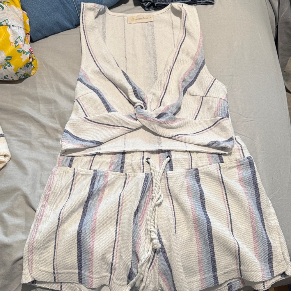 Ocean Drive Striped Sleeveless Romper - White, Blue, Pink